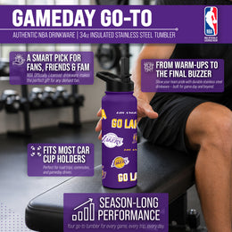 Los Angeles Lakers NBA Basketball 34oz Stainless Steel Vacuum Insulated Game Day Water Bottle with Flip Straw Lid and Handle - Purple