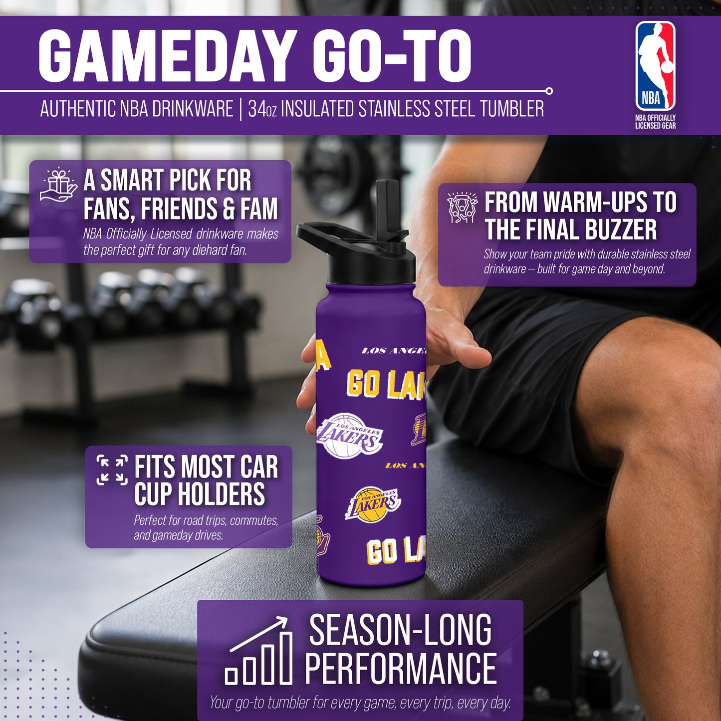 Los Angeles Lakers NBA Basketball 34oz Stainless Steel Vacuum Insulated Game Day Water Bottle with Flip Straw Lid and Handle - Purple