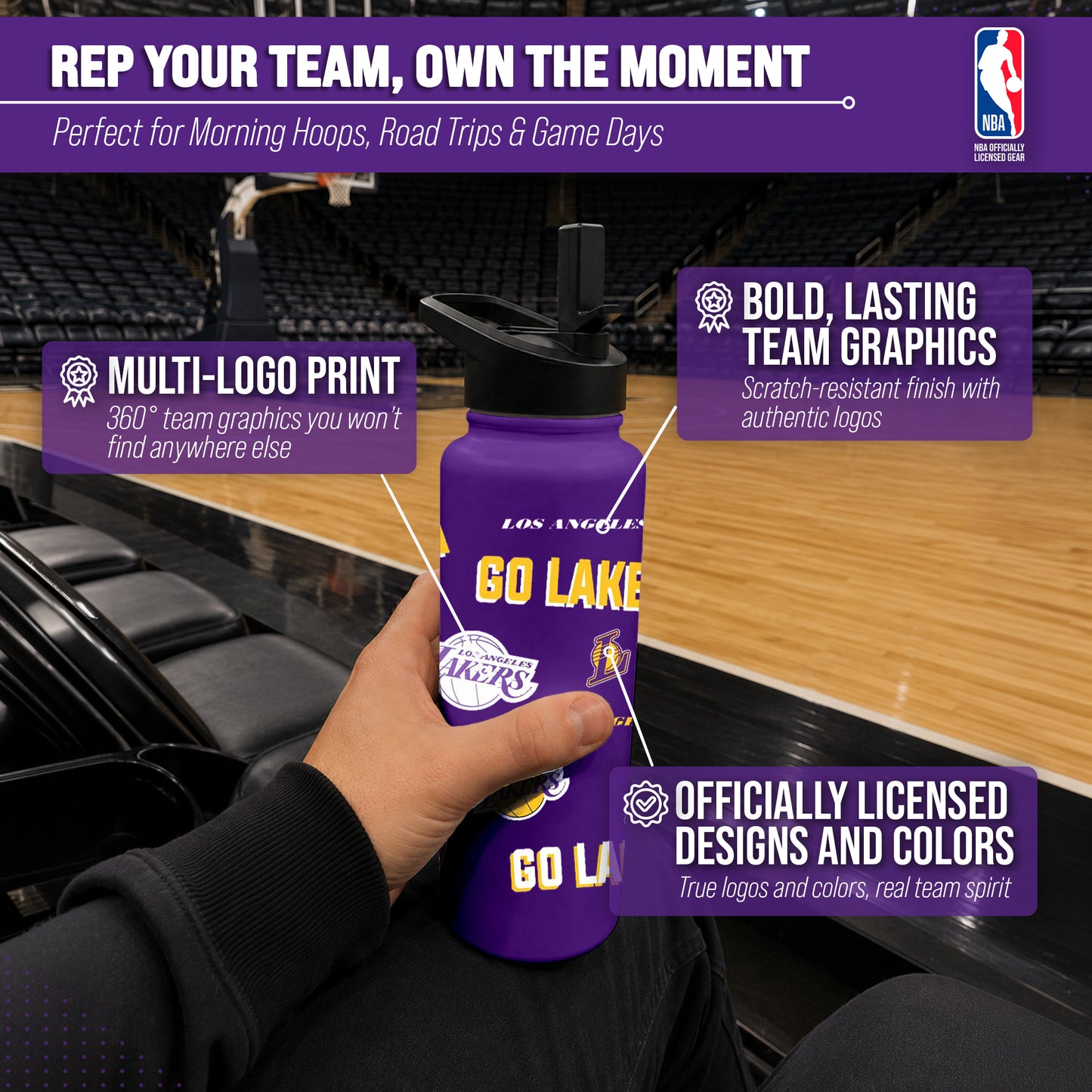 Los Angeles Lakers NBA Basketball 34oz Stainless Steel Vacuum Insulated Game Day Water Bottle with Flip Straw Lid and Handle - Purple