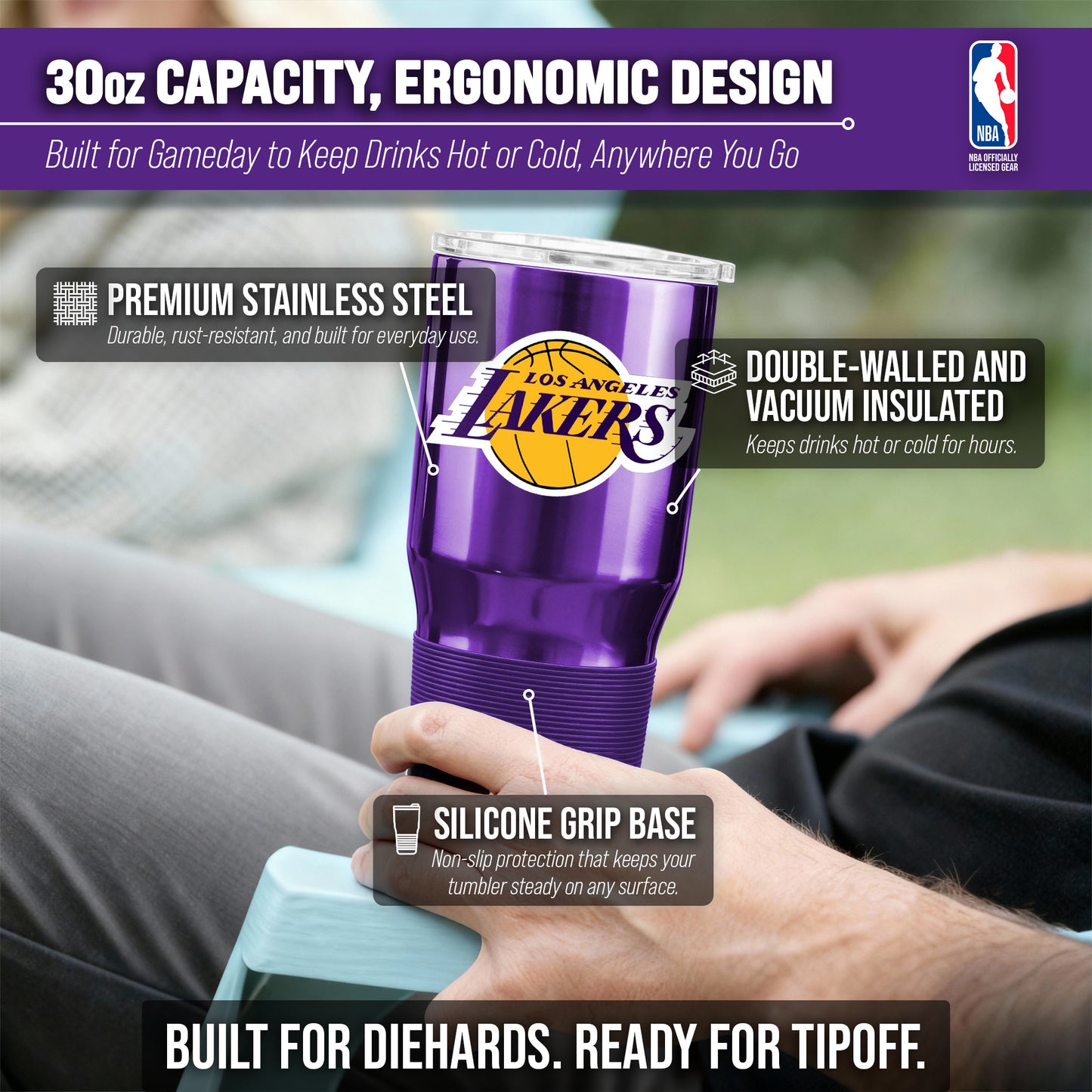 Los Angeles Lakers NBA Basketball 30oz Stainless Steel Vacuum Insulated Game Day Tumbler with Silicone Grip - Purple