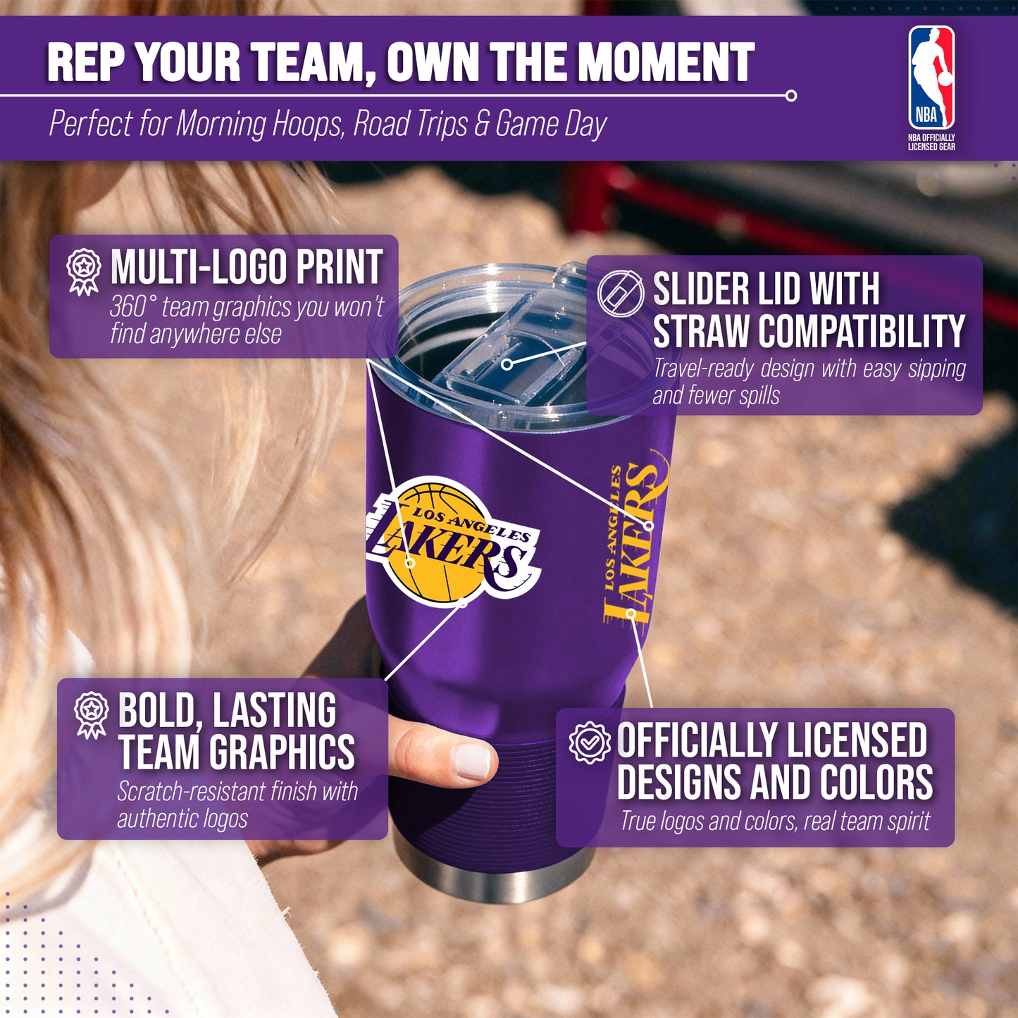 Los Angeles Lakers NBA Basketball 30oz Stainless Steel Vacuum Insulated Game Day Tumbler with Silicone Grip - Purple