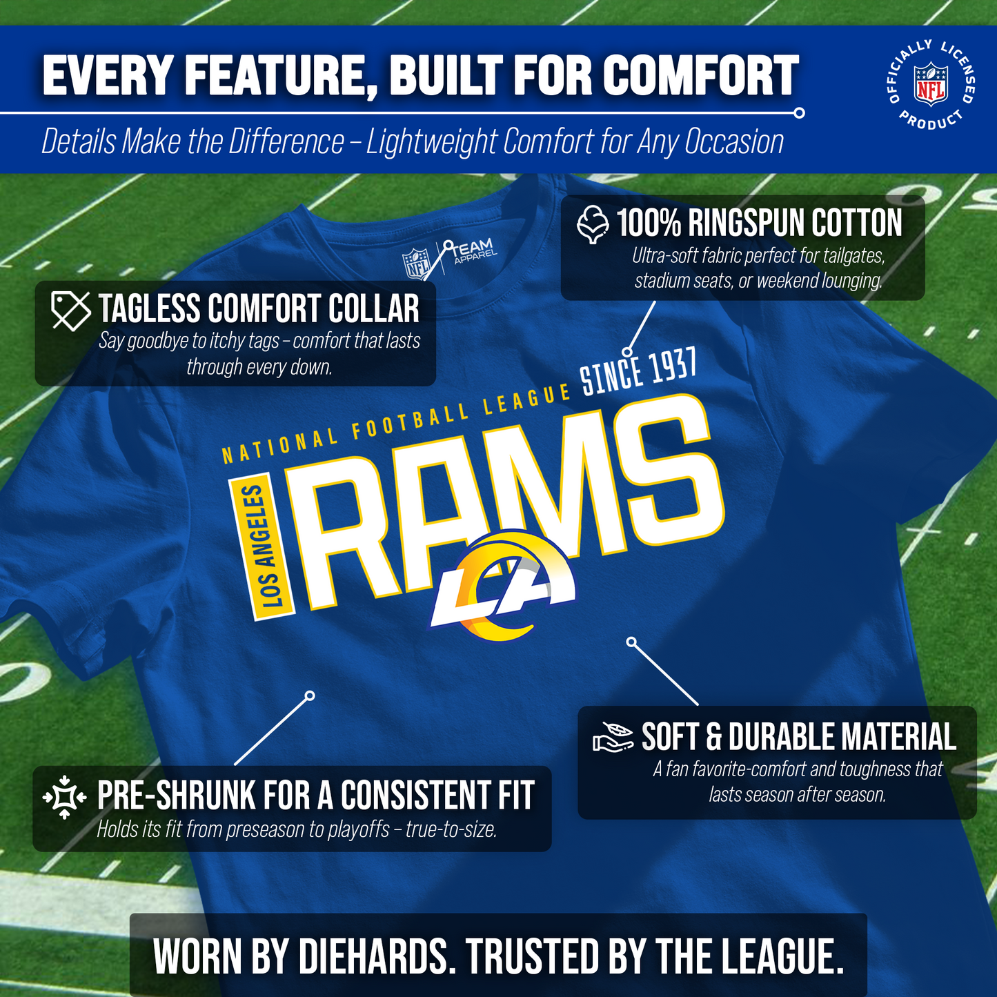 Los Angeles Rams NFL Adult Modern Endzone Tag-Less T-Shirt - Royal