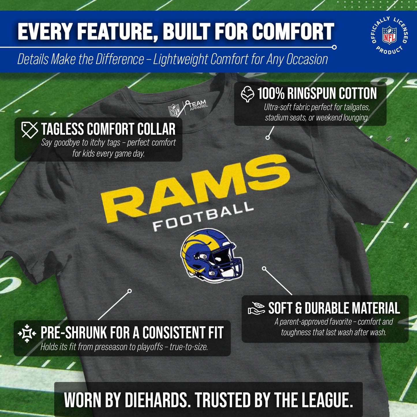 Los Angeles Rams NFL Youth Football Helmet Tagless T-Shirt - Charcoal