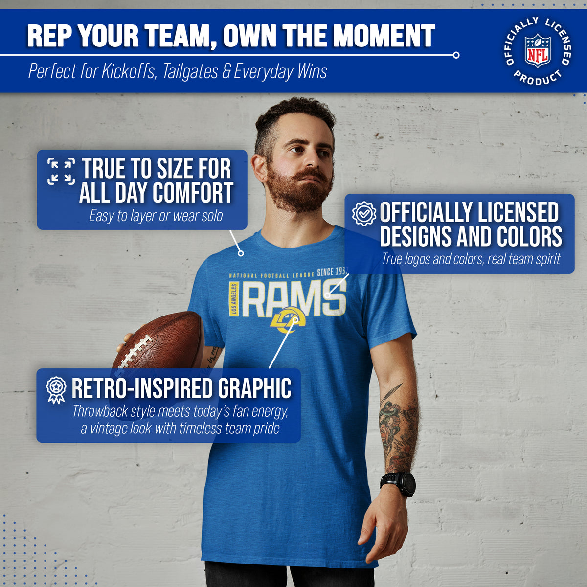 Los Angeles Rams  Modern Zone T-Shirt Men Women Officially Licensed NFL - Royal
