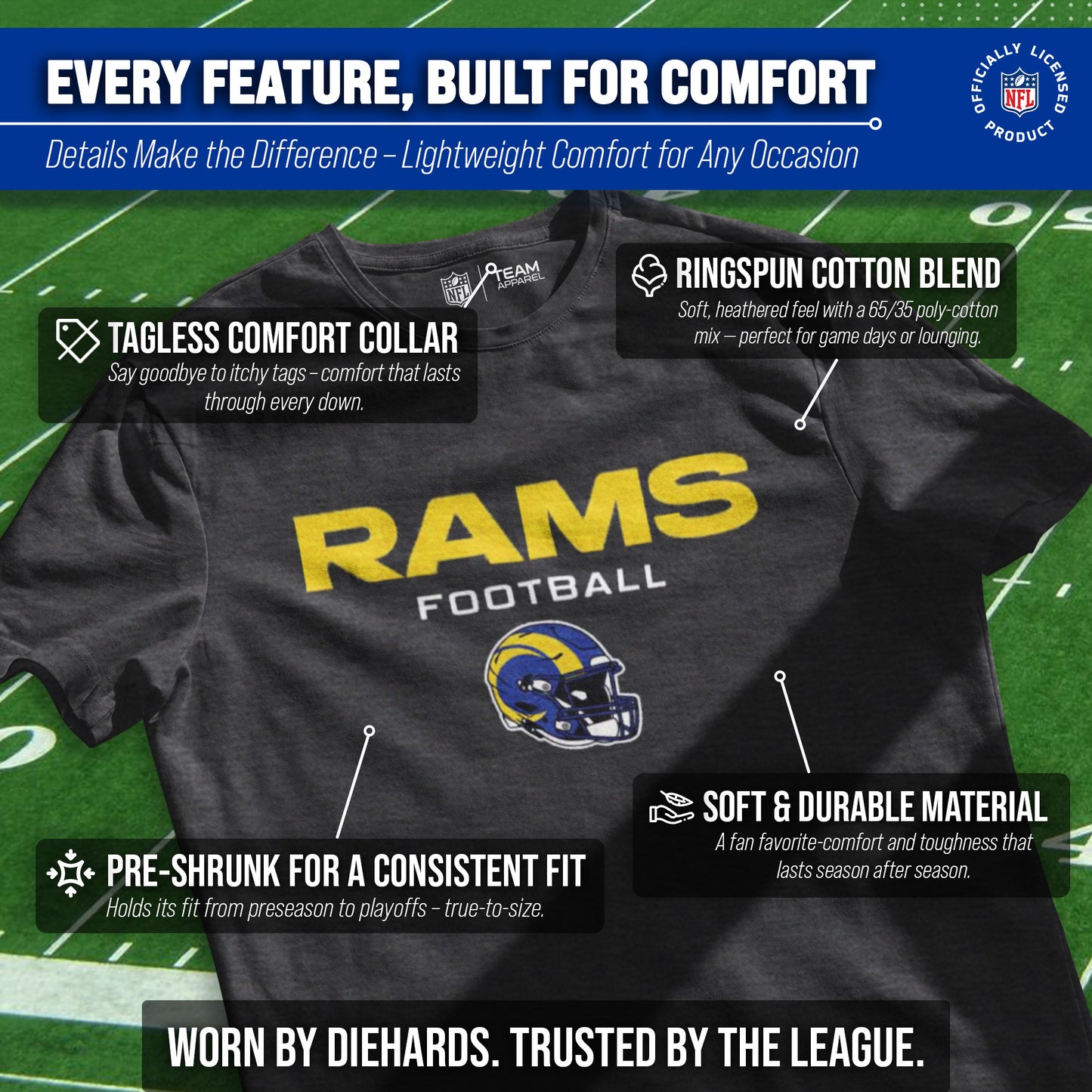 Los Angeles Rams NFL Adult Football Helmet Tagless T-Shirt - Charcoal