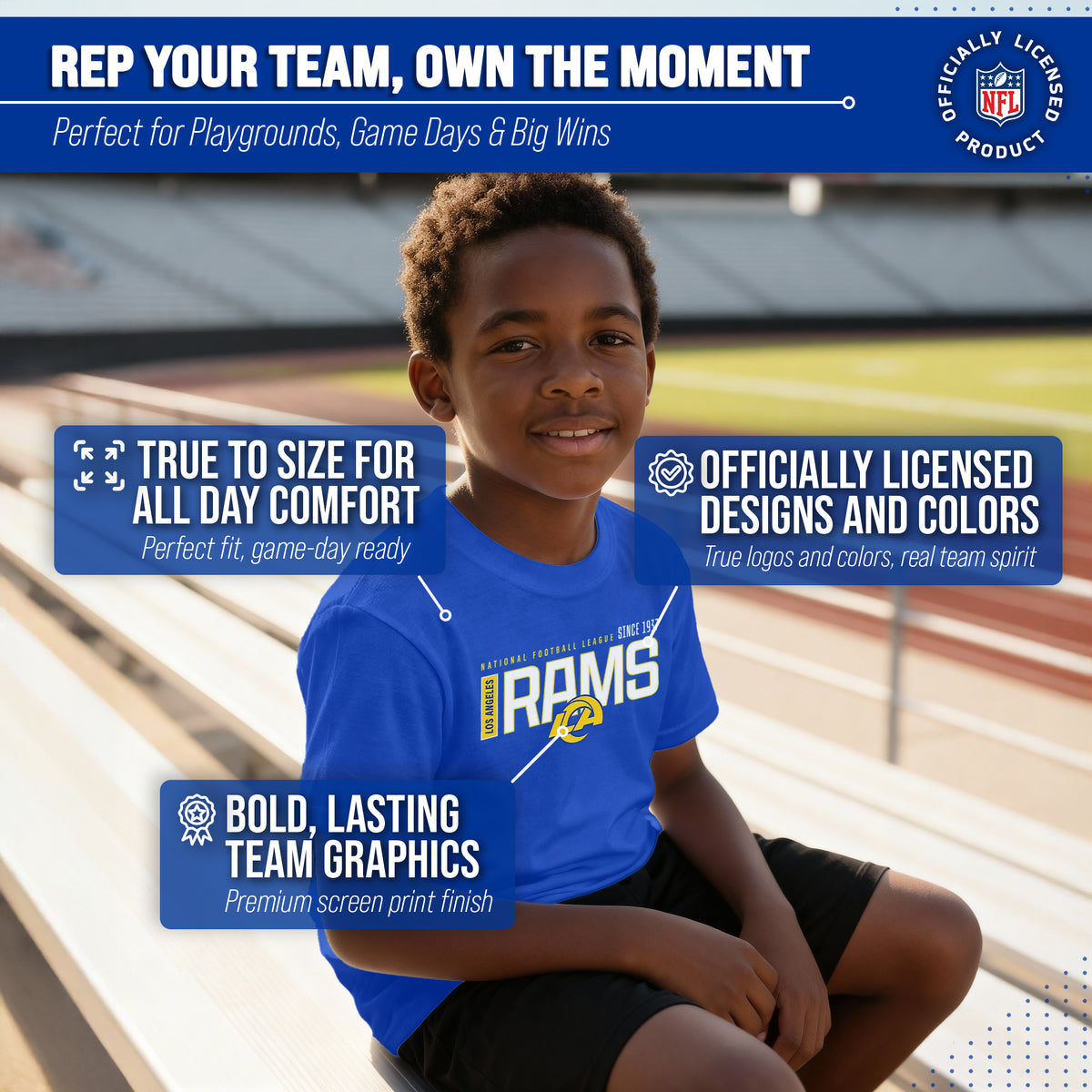 Los Angeles Rams NFL Youth Modern Endzone T-Shirt Unisex Boys Girls - Royal
