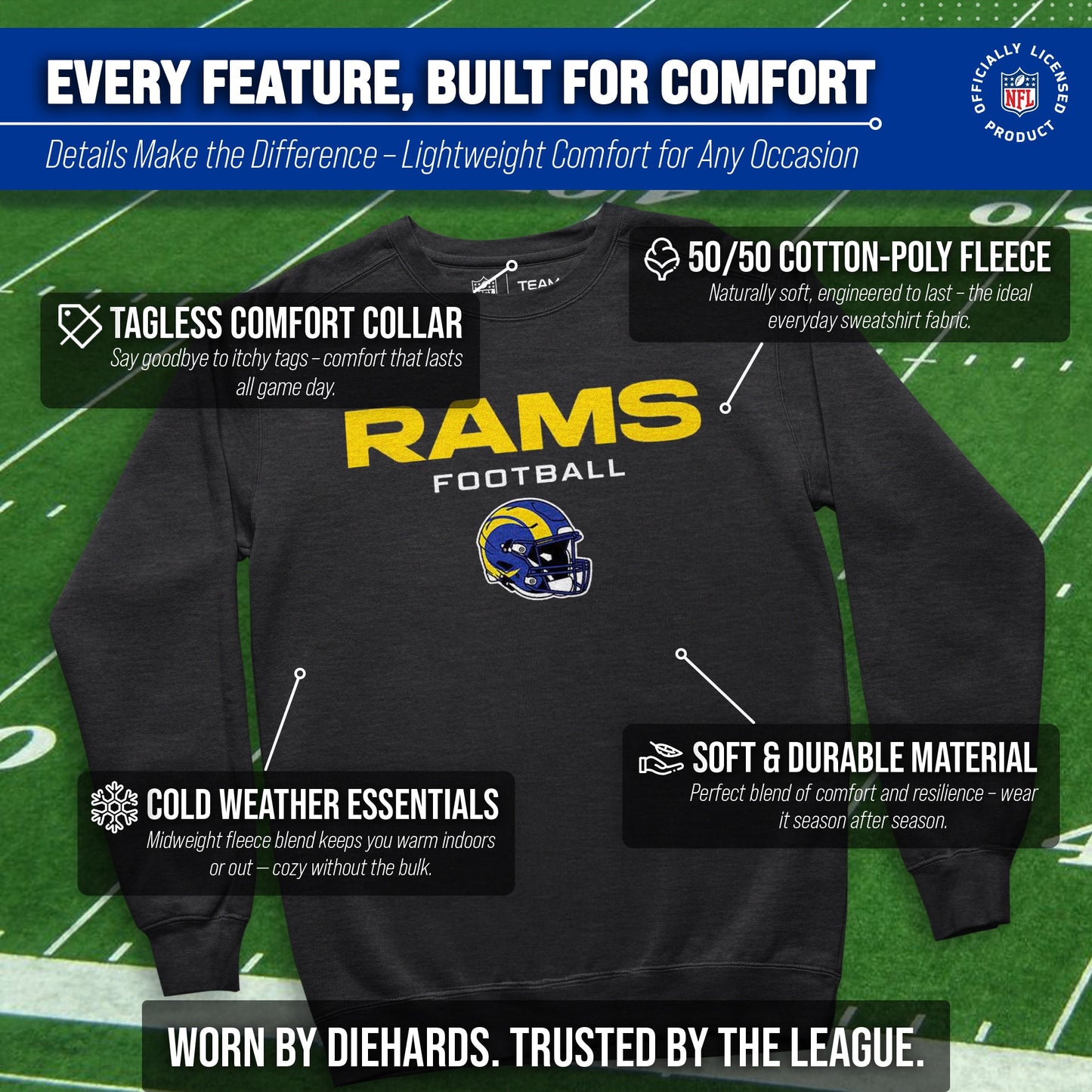 Los Angeles Rams Adult NFL Football Helmet Heather Crewneck Sweatshirt - Charcoal