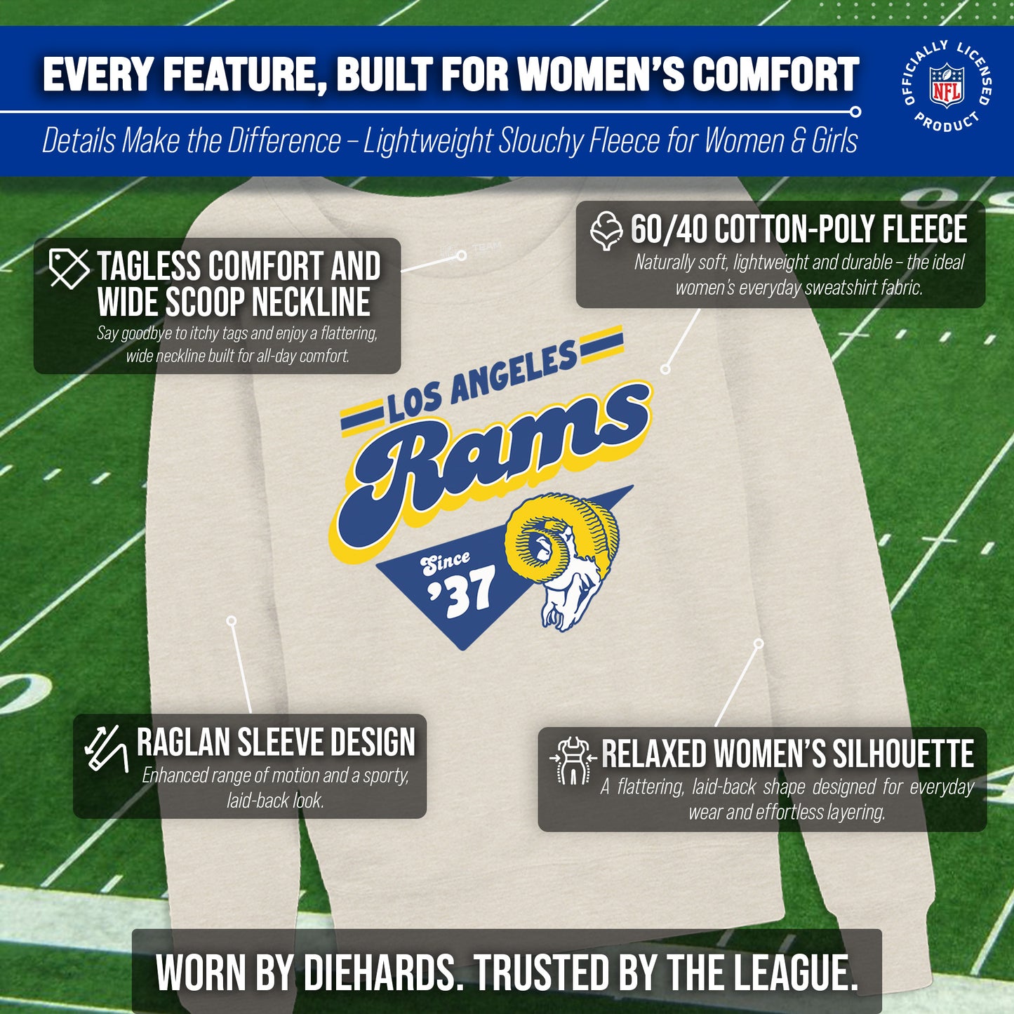 Los Angeles Rams NFL Womens Vintage Charm French Terry Slouchy Top - Birch
