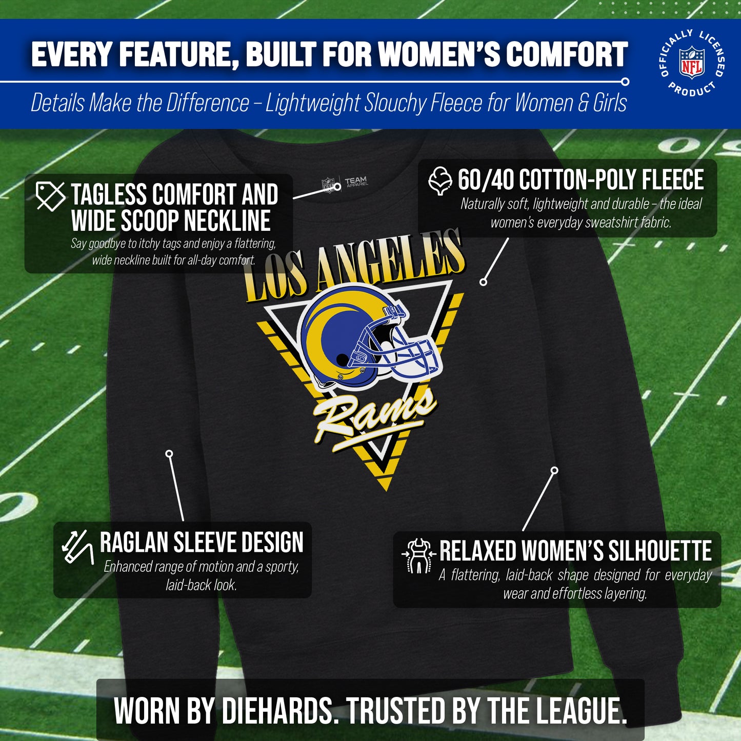 Los Angeles Rams NFL Womens Retro Triangle French Terry Slouchy Top- Raglan Sleeves - Heather Charcoal