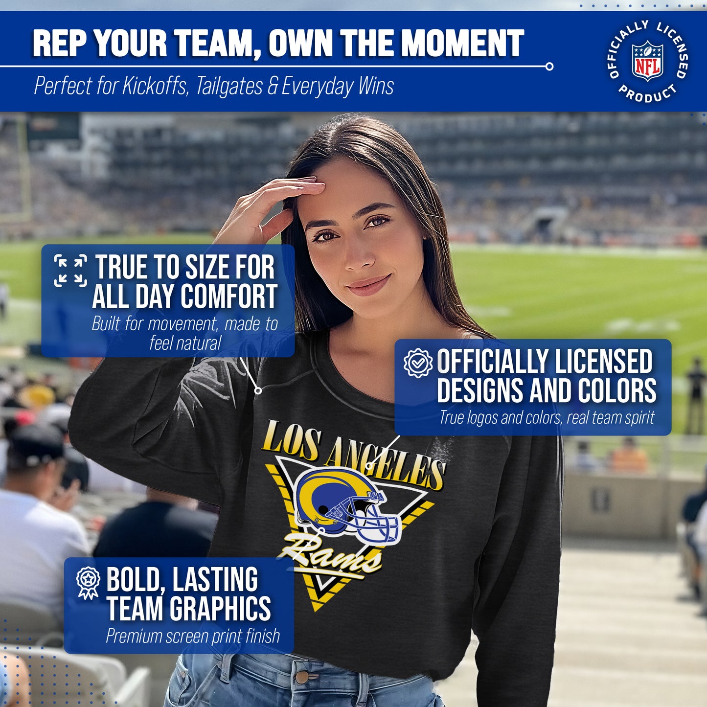Los Angeles Rams NFL Womens Retro Triangle French Terry Slouchy Top- Raglan Sleeves - Heather Charcoal