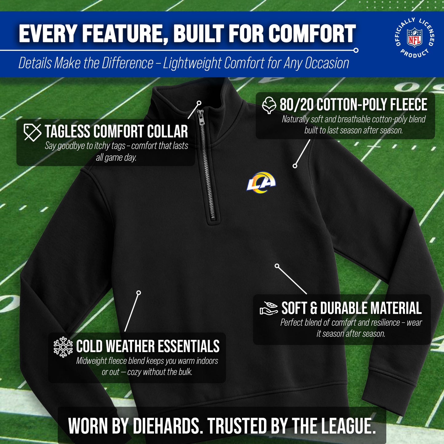 Los Angeles Rams NFL Adult Unisex Team Logo Quarter Zip Pullover Sweatshirt - Black