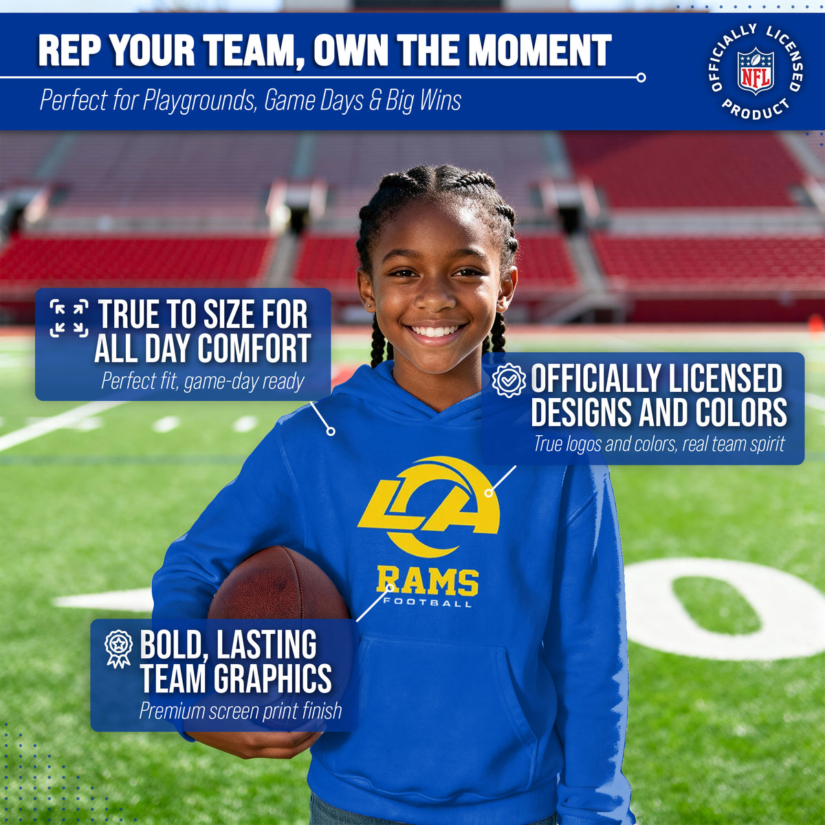 Los Angeles Rams NFL Youth Large Logo Fleece Hoodie Boys Girls - Royal