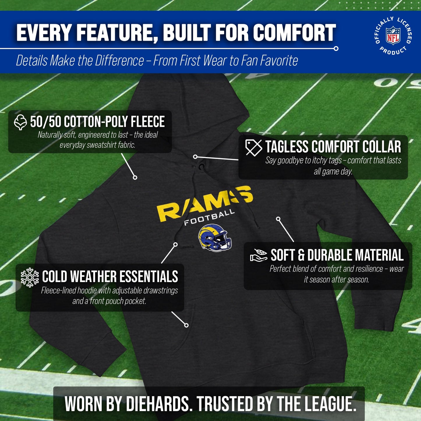 Los Angeles Rams Adult NFL Football Helmet Heather Hooded Sweatshirt  - Charcoal
