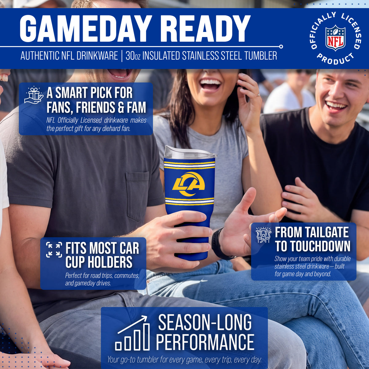Los Angeles Rams  30 oz Stripe Powder Coat Tumbler | NFL Stainless - Royal