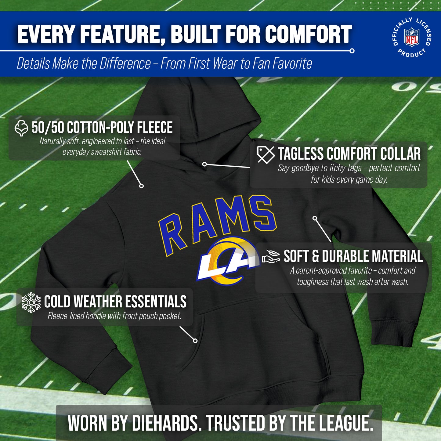 Los Angeles Rams NFL Youth Home Team Hoodie- Kids Hooded Sweatshirt - Black