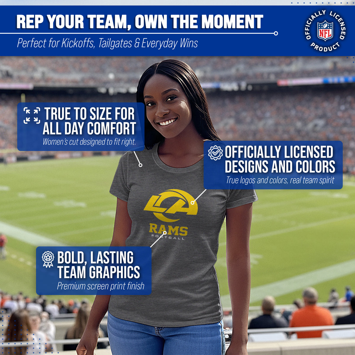 Los Angeles Rams Women's NFL Big Logo T-Shirt Officially Licensed - Charcoal