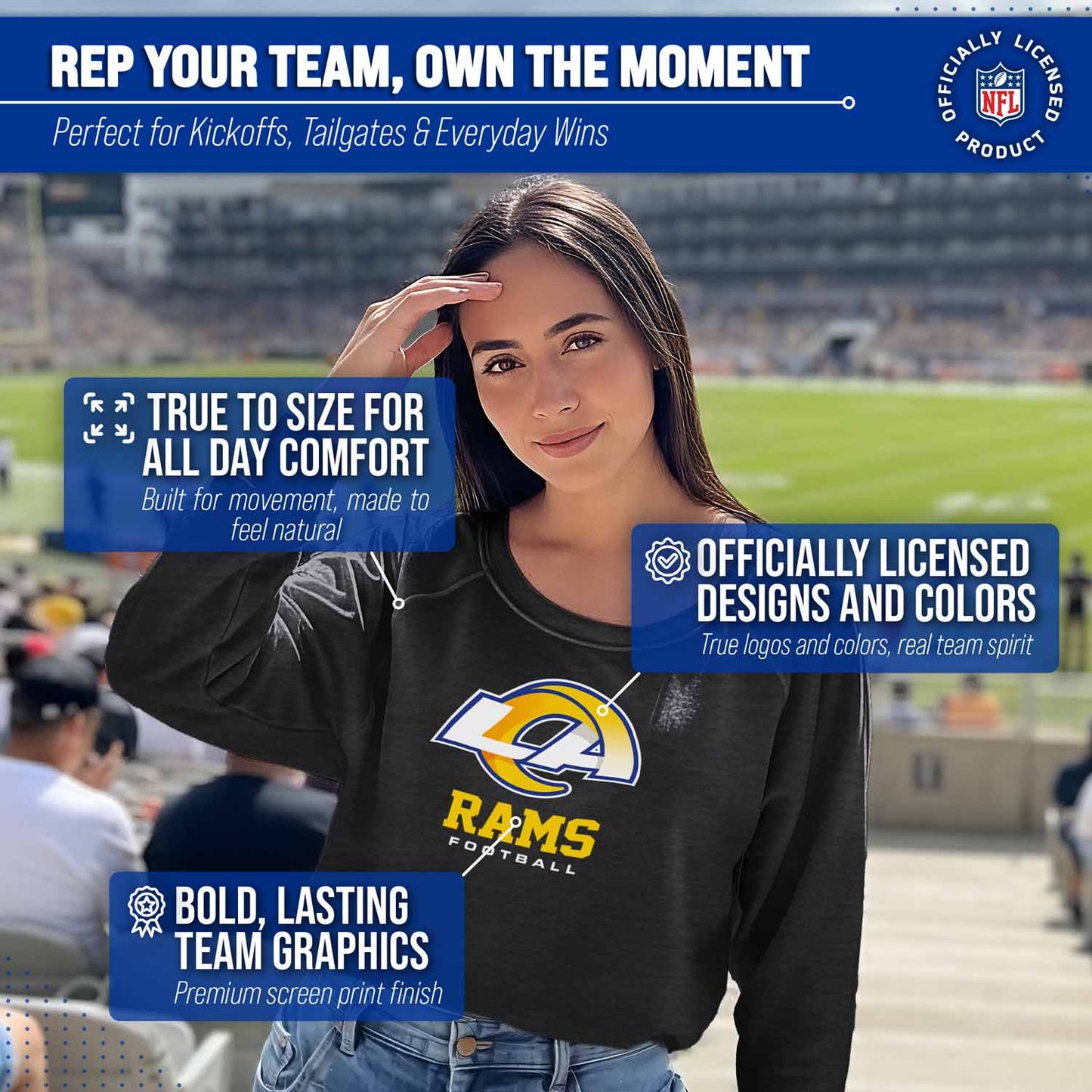 Los Angeles Rams NFL Womens Ultimate Fan French Terry Slouchy Top- Raglan Sleeves - Charcoal