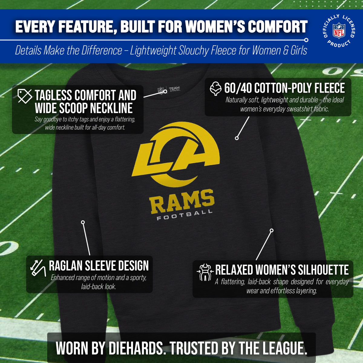 Los Angeles Rams NFL Womens Ultimate Fan French Terry Slouchy Top- Raglan Sleeves - Charcoal
