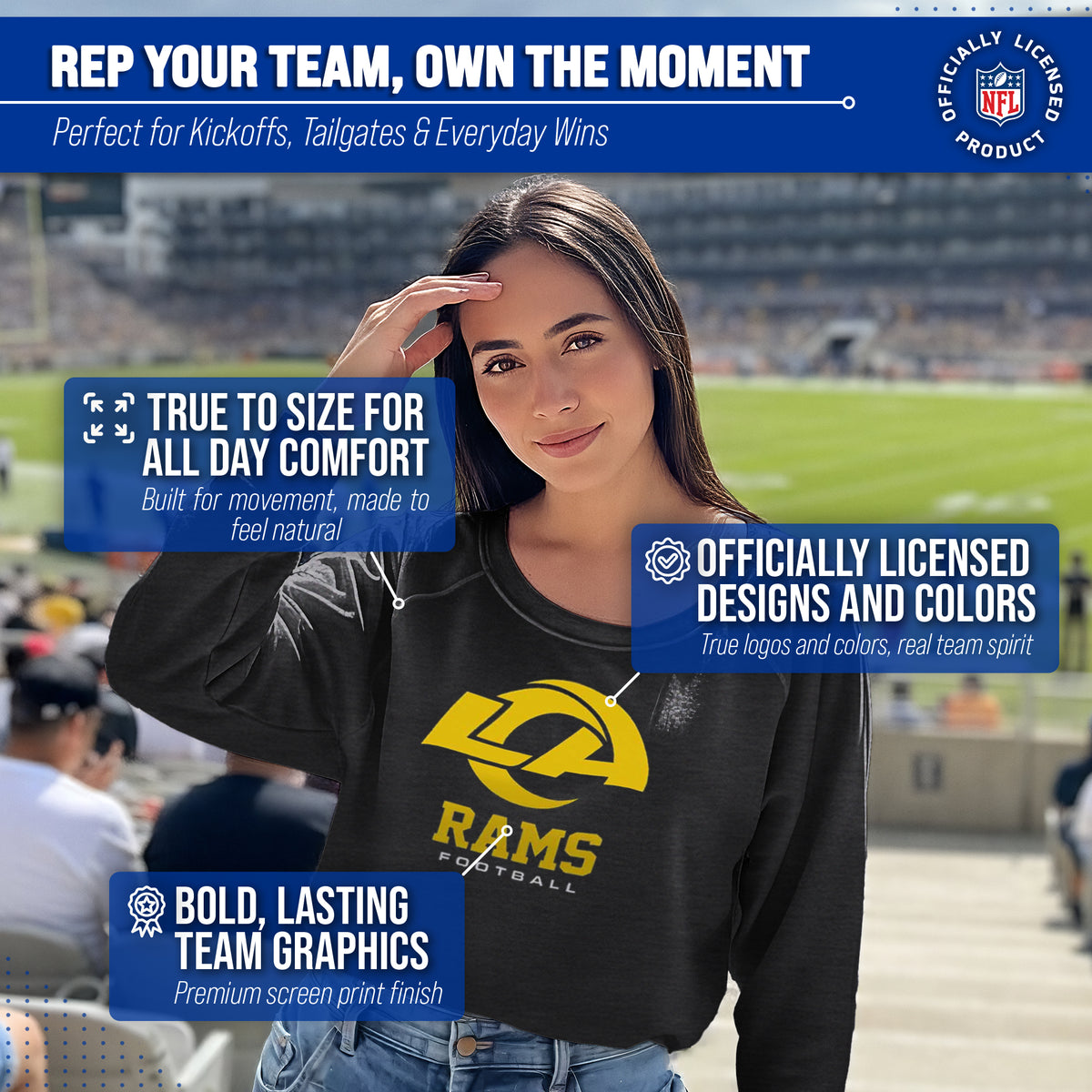 Los Angeles Rams NFL Womens Ultimate Fan French Terry Slouchy Top- Raglan Sleeves - Charcoal