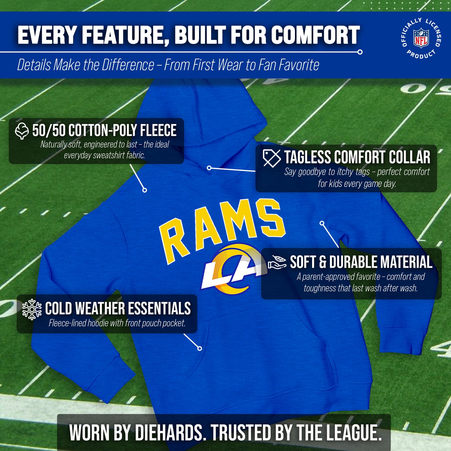 Los Angeles Rams NFL Youth Home Team Hoodie- Kids Hooded Sweatshirt - Royal