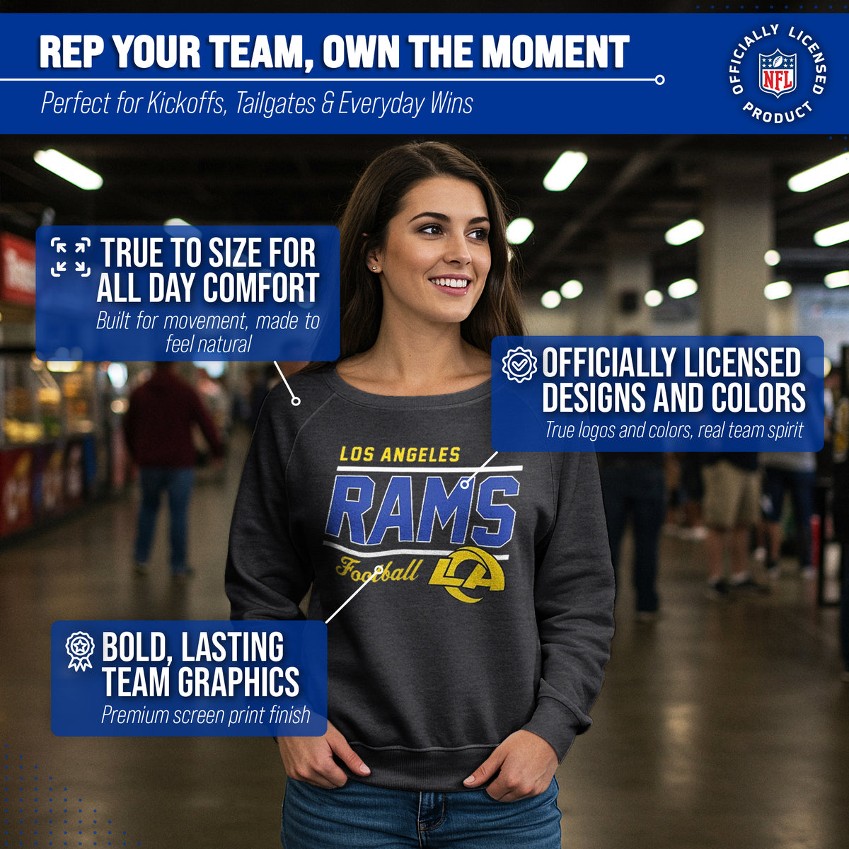 Los Angeles Rams Women's Gameday Crewneck Sweatshirt Long Sleeve - Charcoal