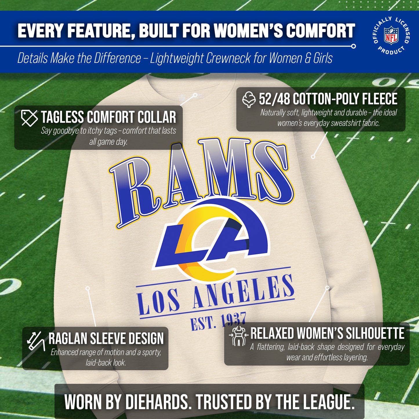 Los Angeles Rams Womens NFL Starstruck Crewneck Pullover - Cream