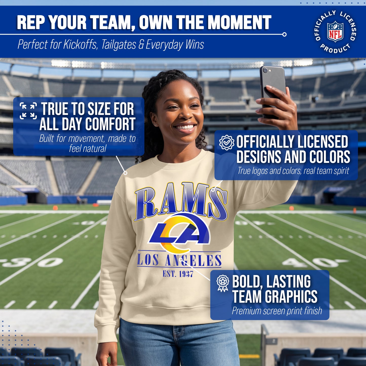 Los Angeles Rams Womens NFL Starstruck Crewneck Pullover - Cream
