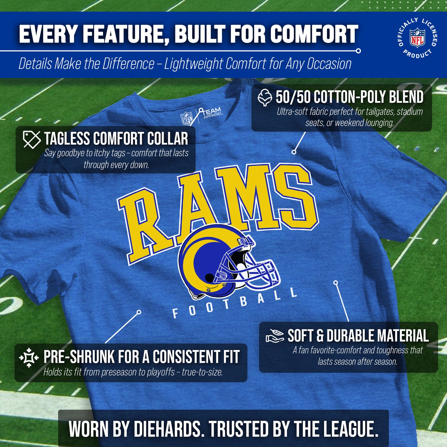 Los Angeles Rams NFL Adult All Star Heather Tag-Less T-Shirt - Blue Heather