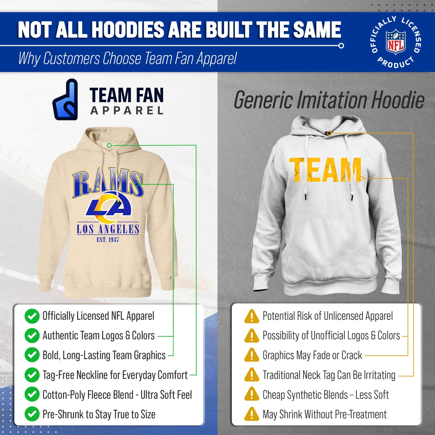 Los Angeles Rams Ladies NFL Starstruck Fleece Pullover Hooded Sweatshirt - Cream