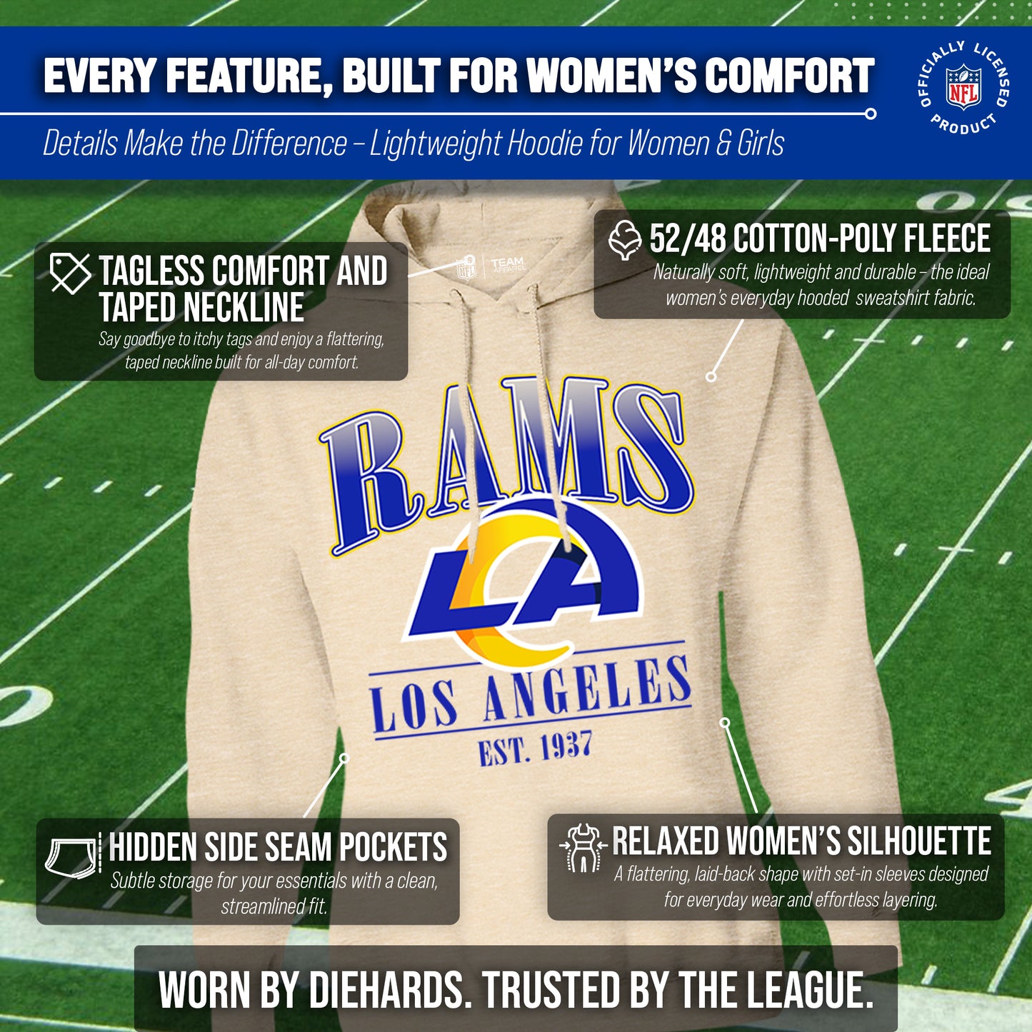 Los Angeles Rams Ladies NFL Starstruck Fleece Pullover Hooded Sweatshirt - Cream
