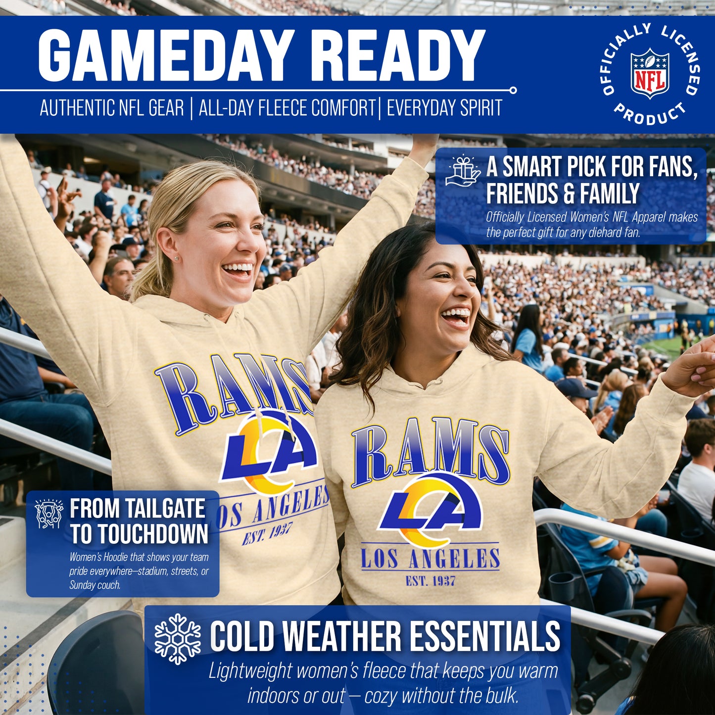 Los Angeles Rams Ladies NFL Starstruck Fleece Pullover Hooded Sweatshirt - Cream