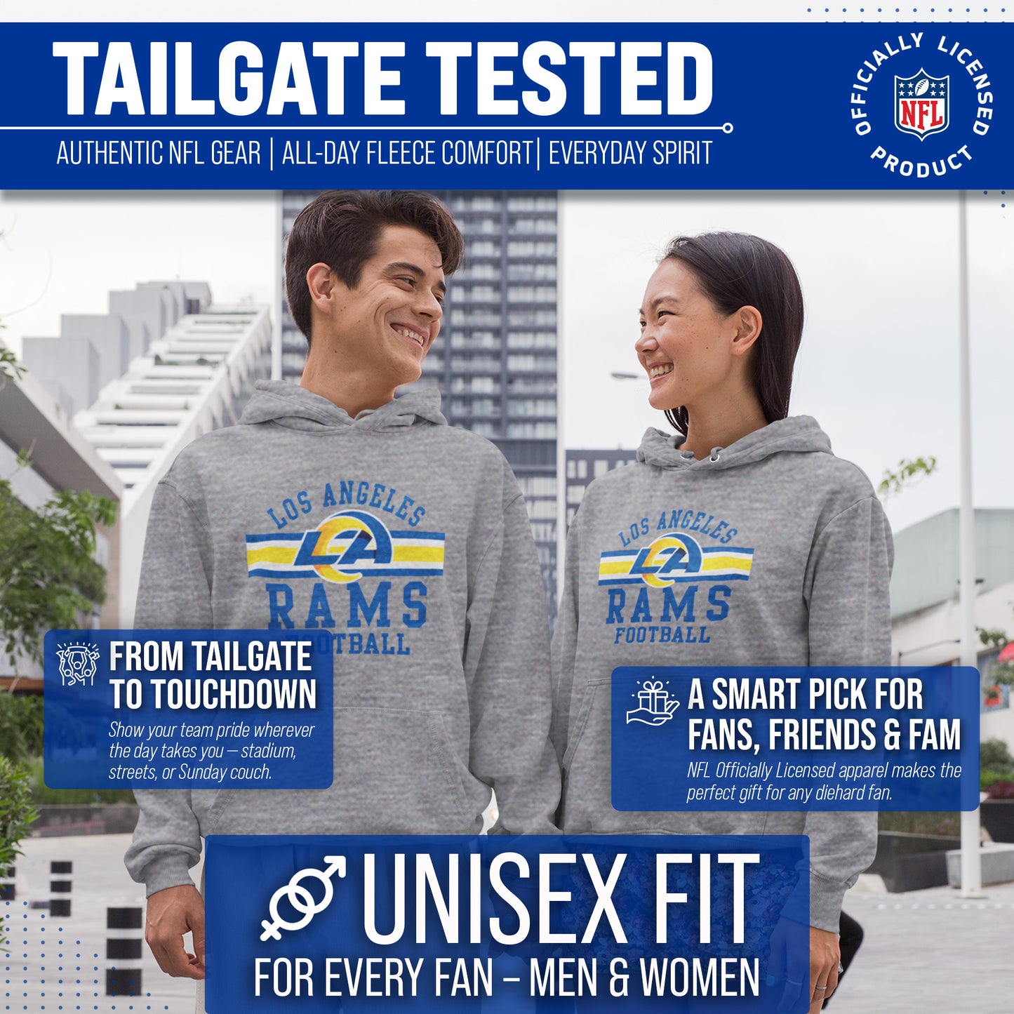 Los Angeles Rams NFL Team Stripe Hooded Sweatshirt- Soft Pullover Sports Hoodie For Men & Women - Sport Gray