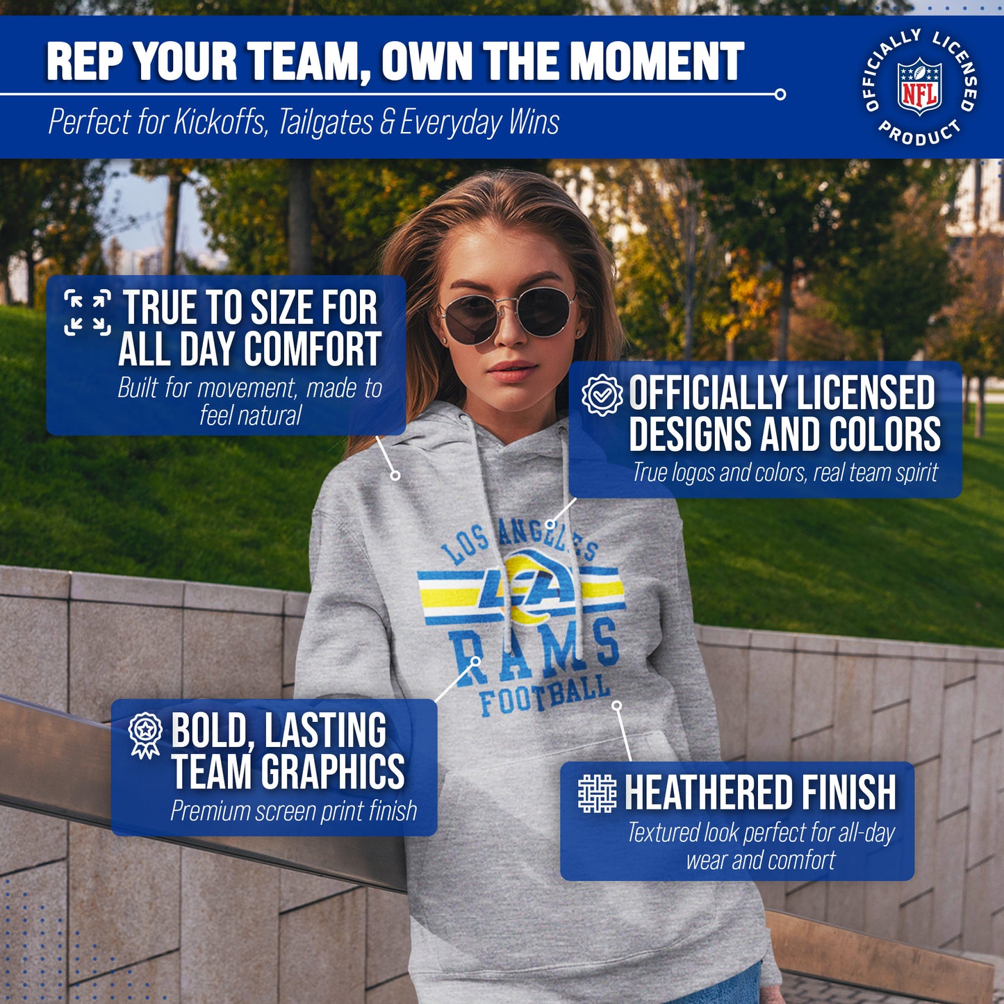 Los Angeles Rams NFL Team Stripe Hooded Sweatshirt- Soft Pullover Sports Hoodie For Men & Women - Sport Gray
