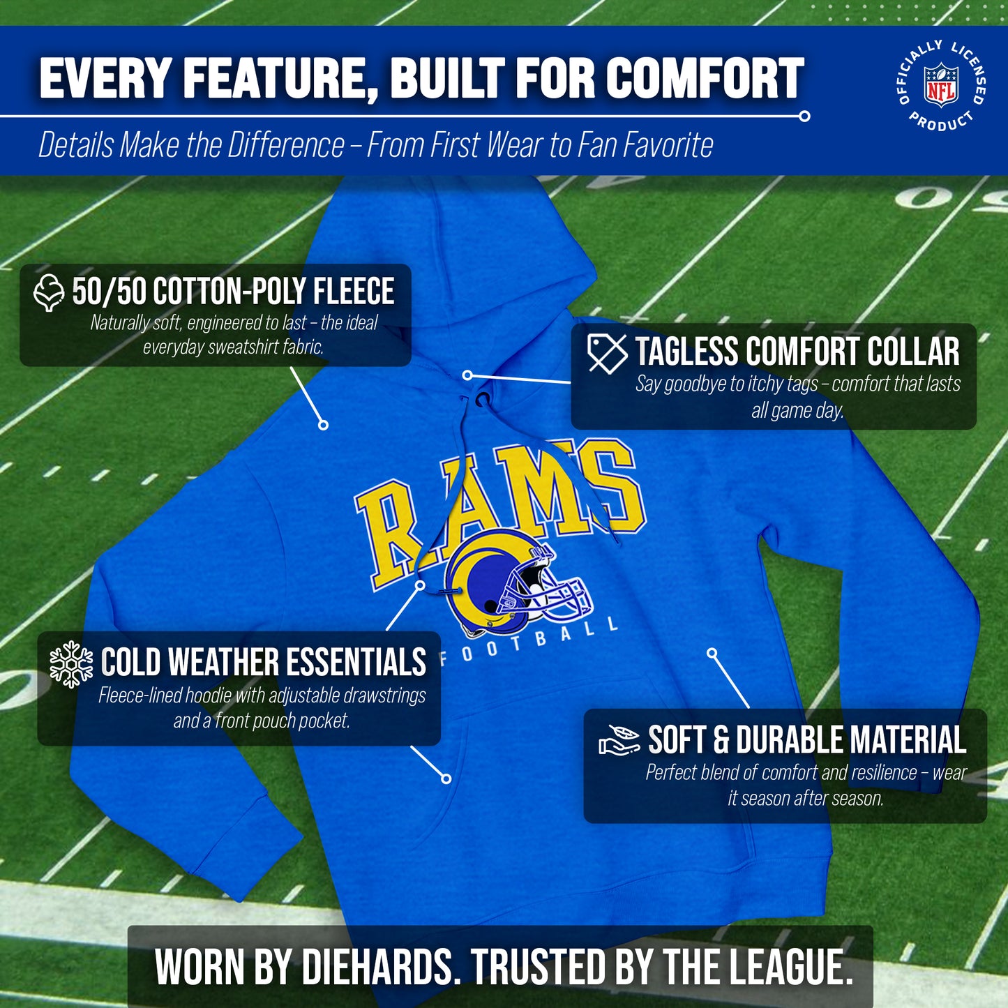 Los Angeles Rams NFL Adult Unisex All Star Soft Fleece Hooded Sweatshirt - Blue Heather