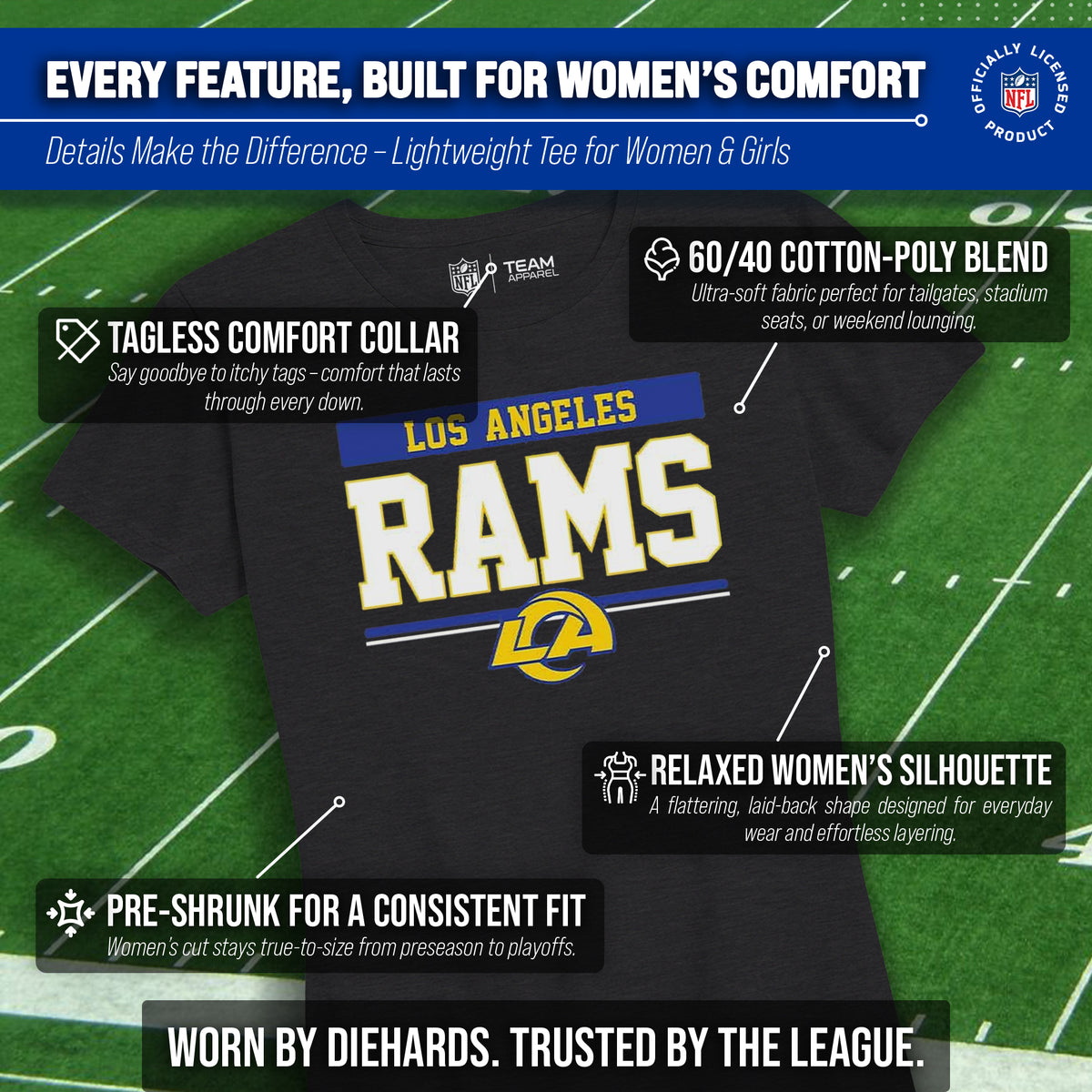 Los Angeles Rams Women's NFL Charcoal Tagless T-Shirt Cotton Blend - Charcoal