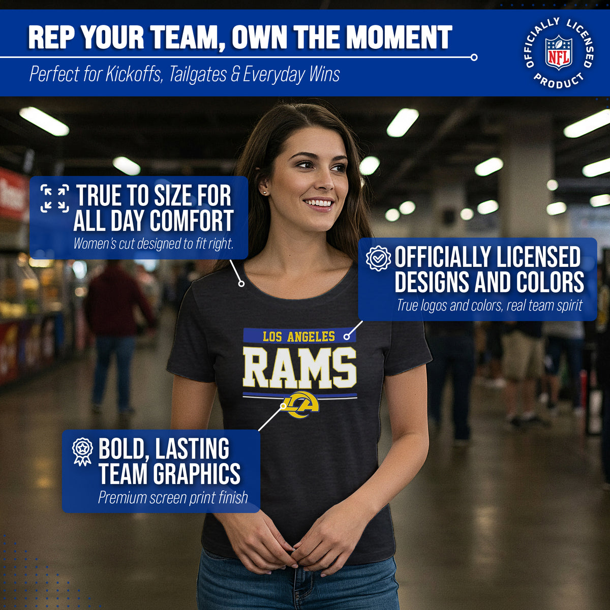 Los Angeles Rams Women's NFL Charcoal Tagless T-Shirt Cotton Blend - Charcoal