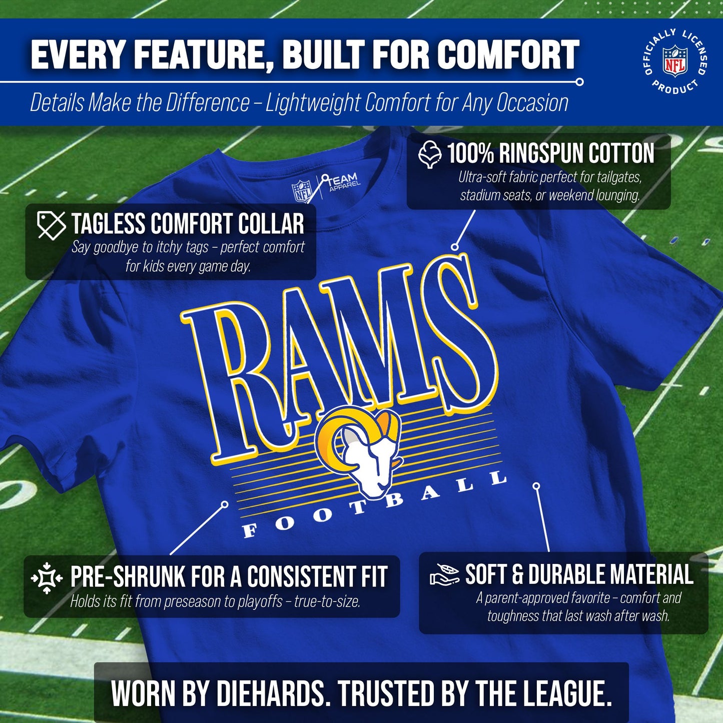 Los Angeles Rams NFL Youth Overtime Blueprint Football T-Shirt Unisex Tag Free Comfortable - Royal