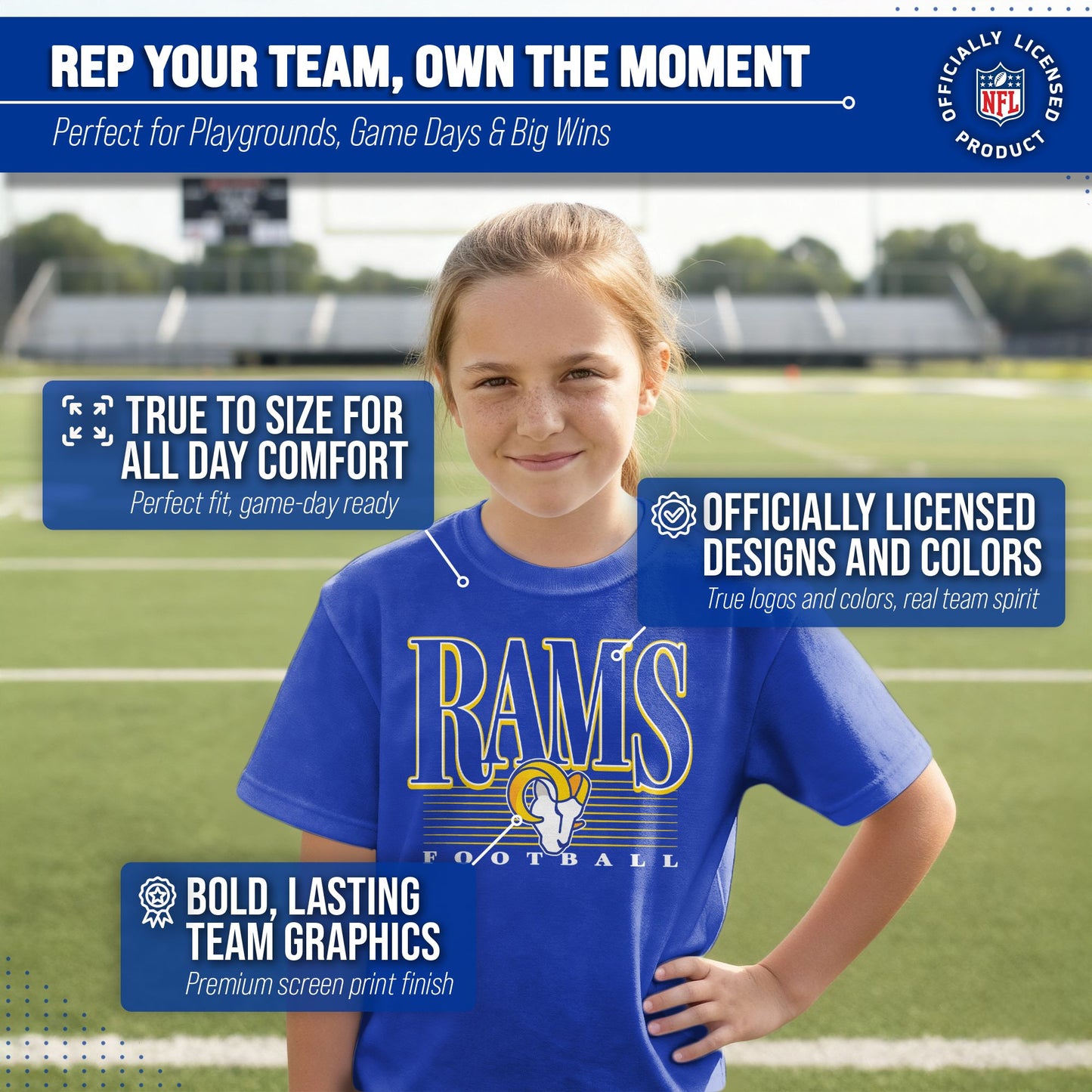 Los Angeles Rams NFL Youth Overtime Blueprint Football T-Shirt Unisex Tag Free Comfortable - Royal