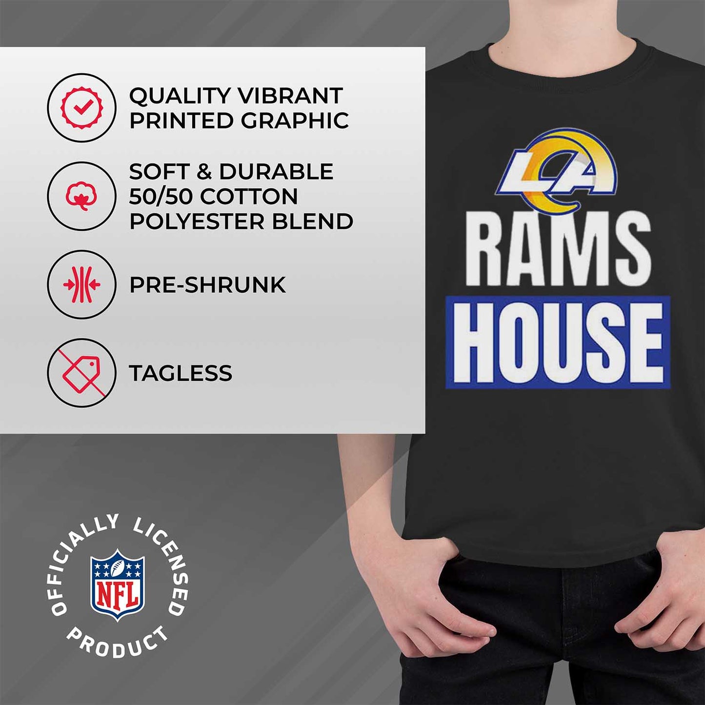 Los Angeles Rams NFL Youth Team Slogan Short Sleeve Lightweight T Shirt - Black