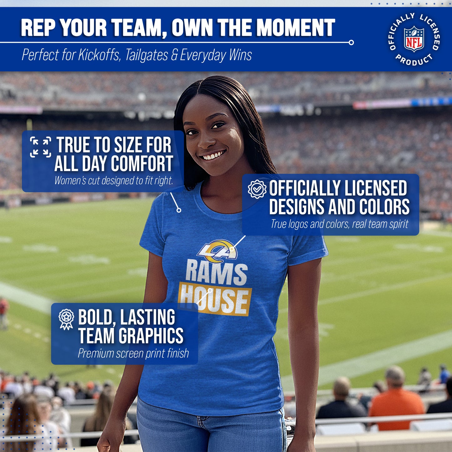 Los Angeles Rams NFL Womens Team Slogan Short Sleeve Tshirt - Royal