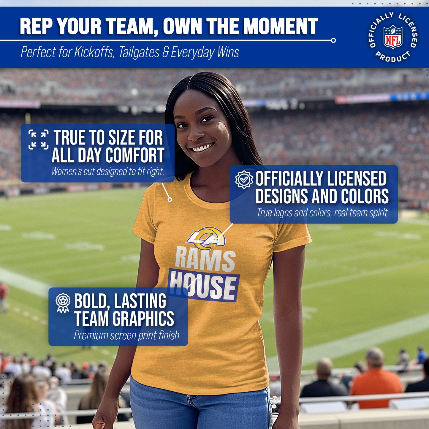 Los Angeles Rams NFL Womens Team Slogan Short Sleeve Tshirt - Gold