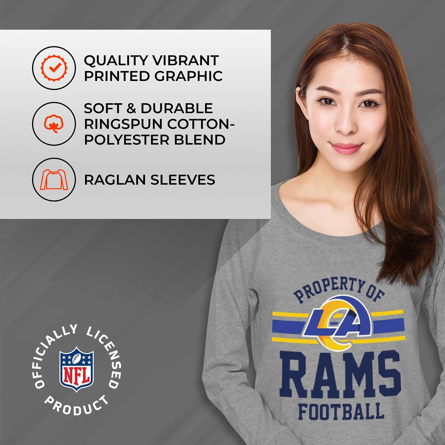 Los Angeles Rams NFL Womens Property of Lighweight Crew Neck - Sport Gray