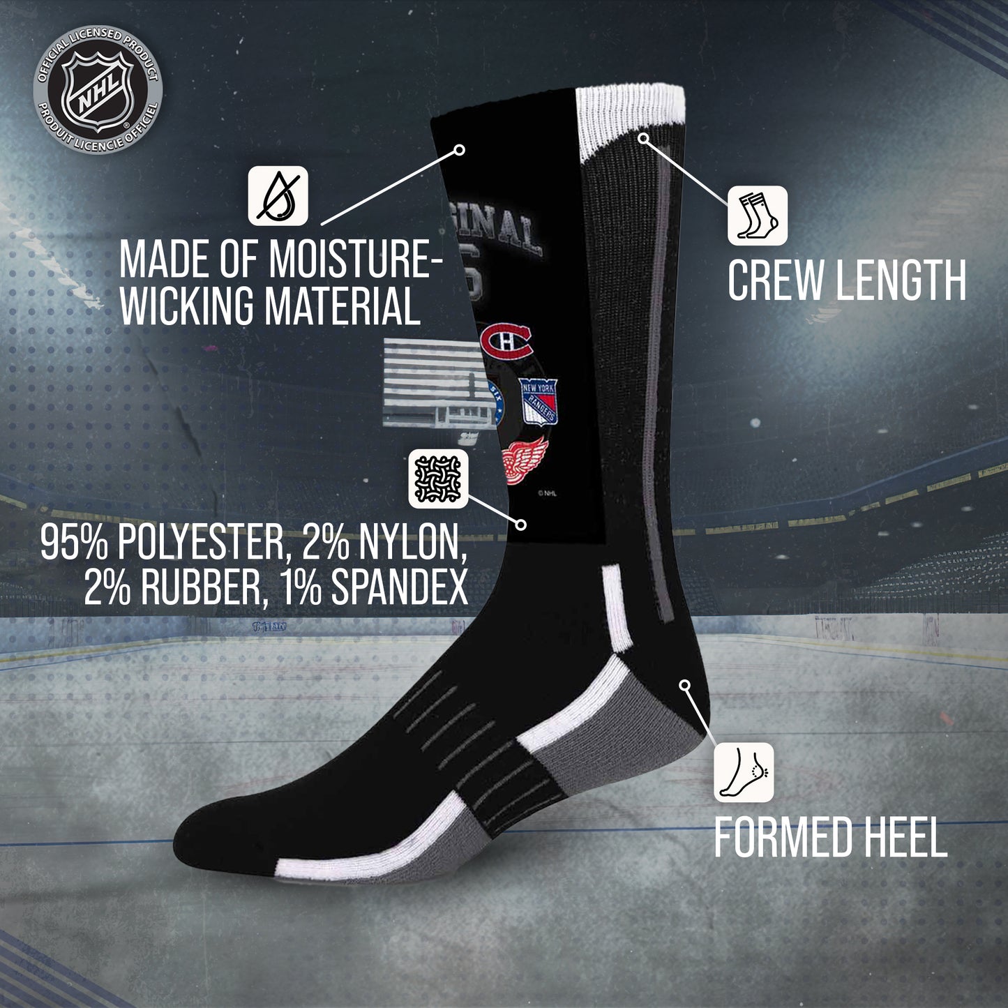 Original Six Adult NHL Original 6 Montage Crew Socks - Black