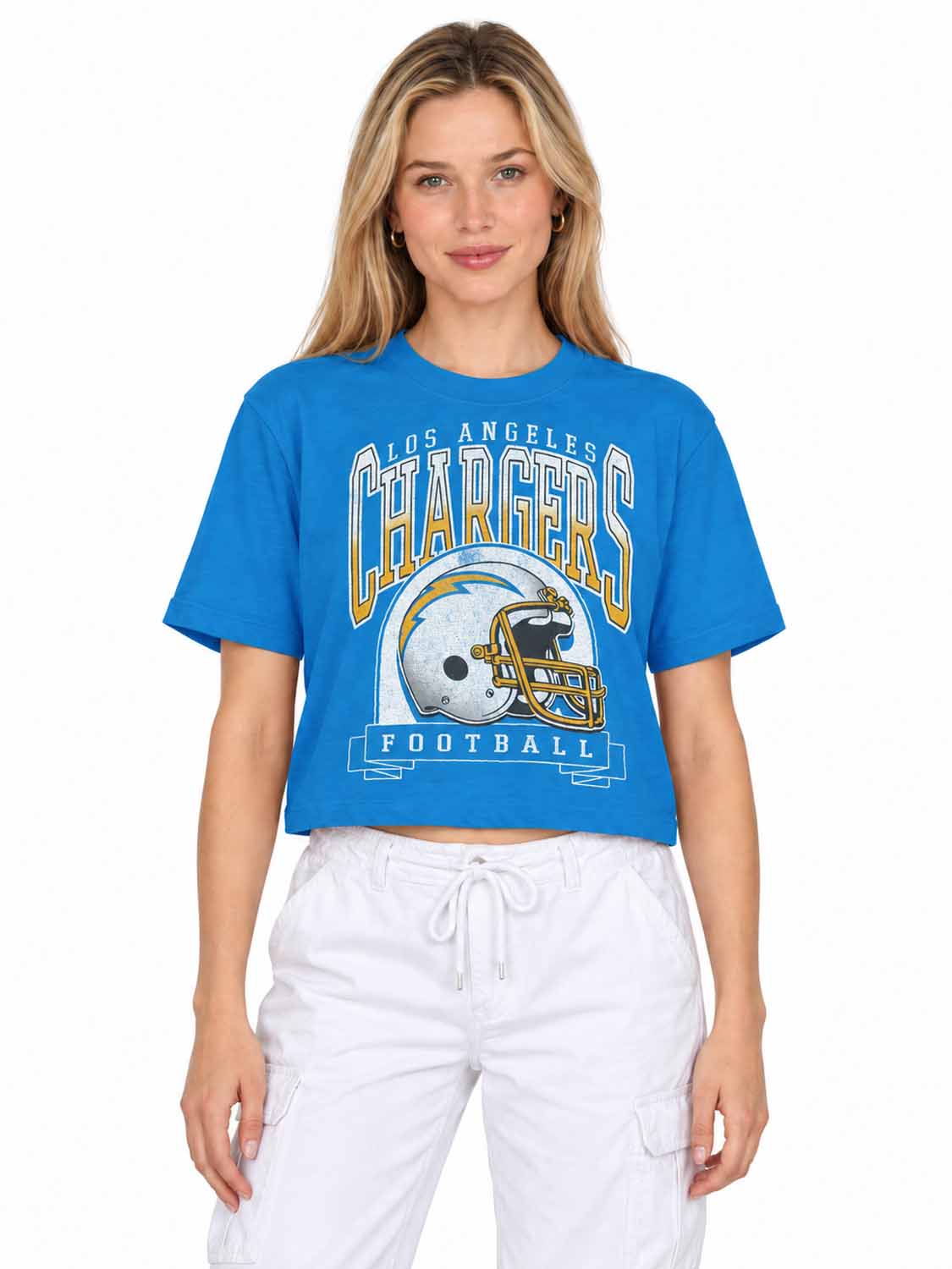 Los Angeles Chargers  Women's Franchise Helmet Crop T-Shirt Mock Neck - Light Blue