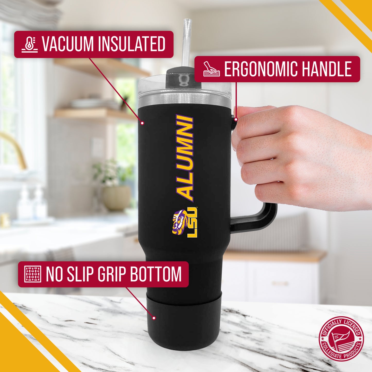 LSU Tigers Collegiate 40oz Stainless Steel Travel Tumbler with Handle for Alumni - Black