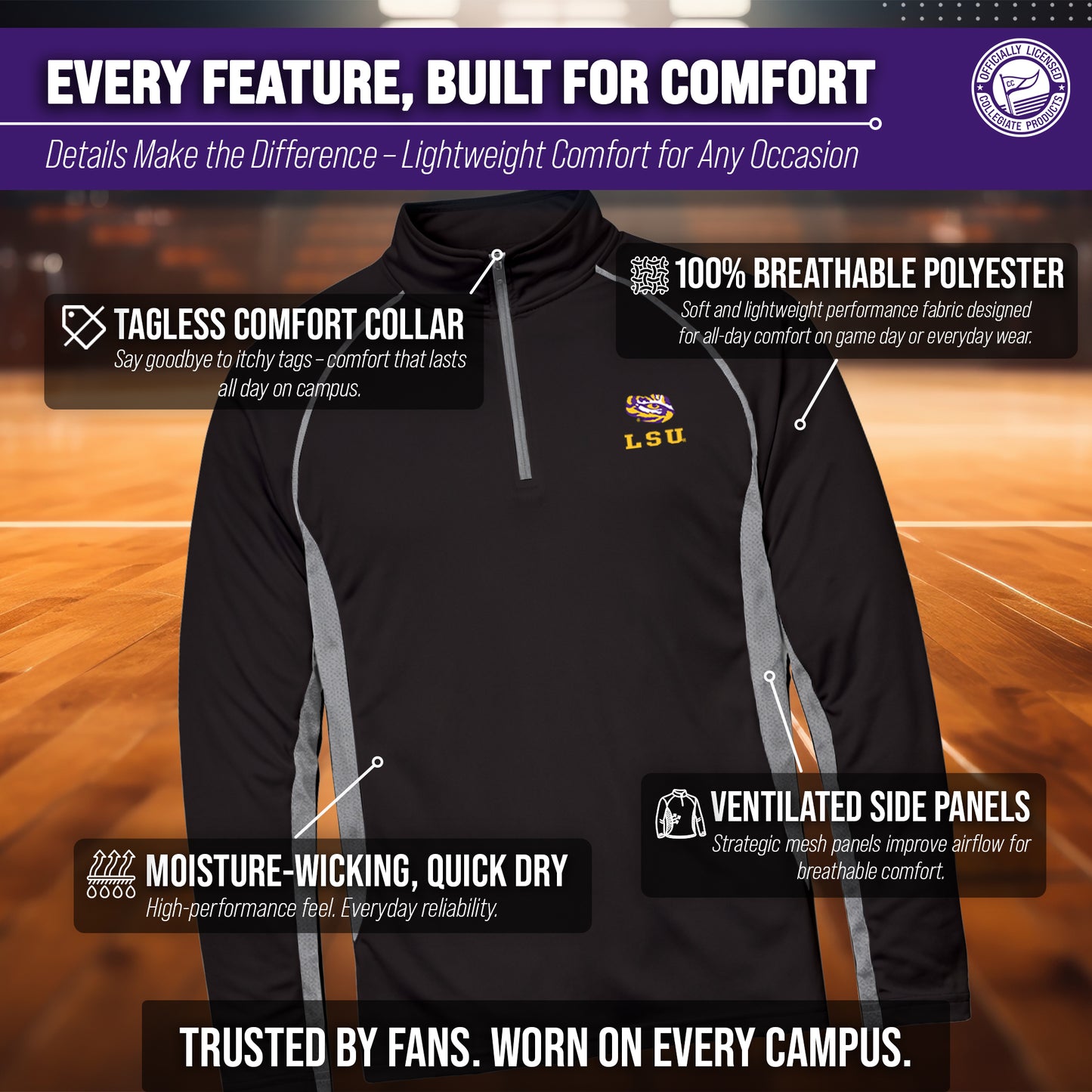 LSU Tigers Mens NCAA Campus Classic Long Sleeve 1/4 Zip Windshirt - Black