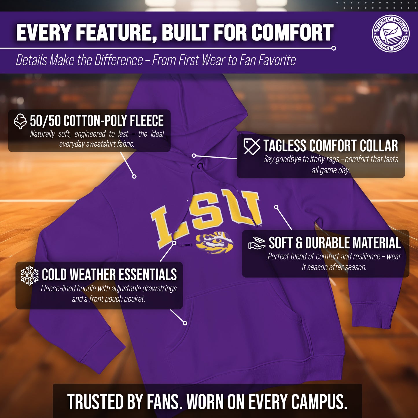 LSU Tigers NCAA Adult Tackle Twill Hooded Sweatshirt - Purple