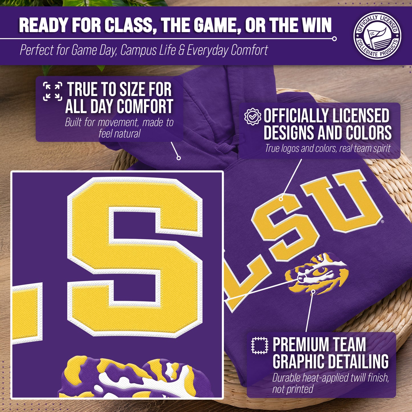 LSU Tigers NCAA Adult Tackle Twill Hooded Sweatshirt - Purple