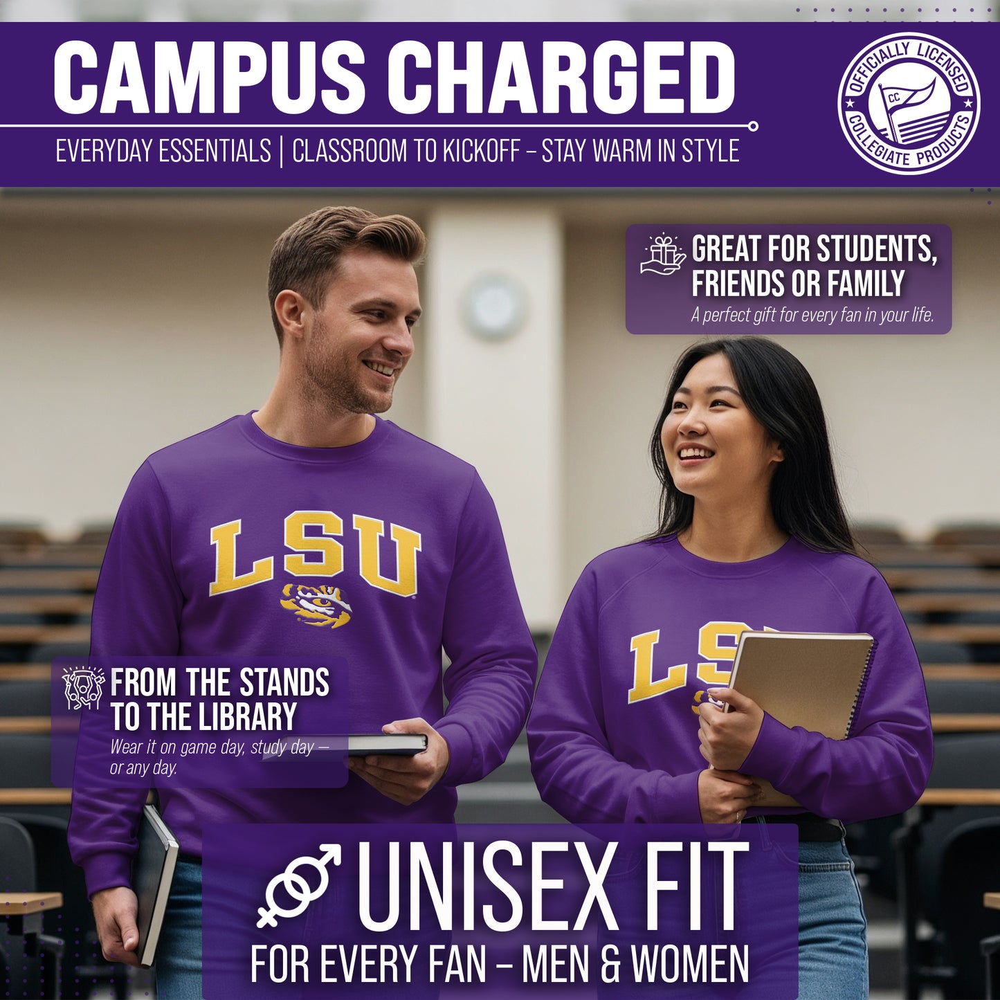 LSU Tigers Adult Tackle Twill Crewneck - Purple