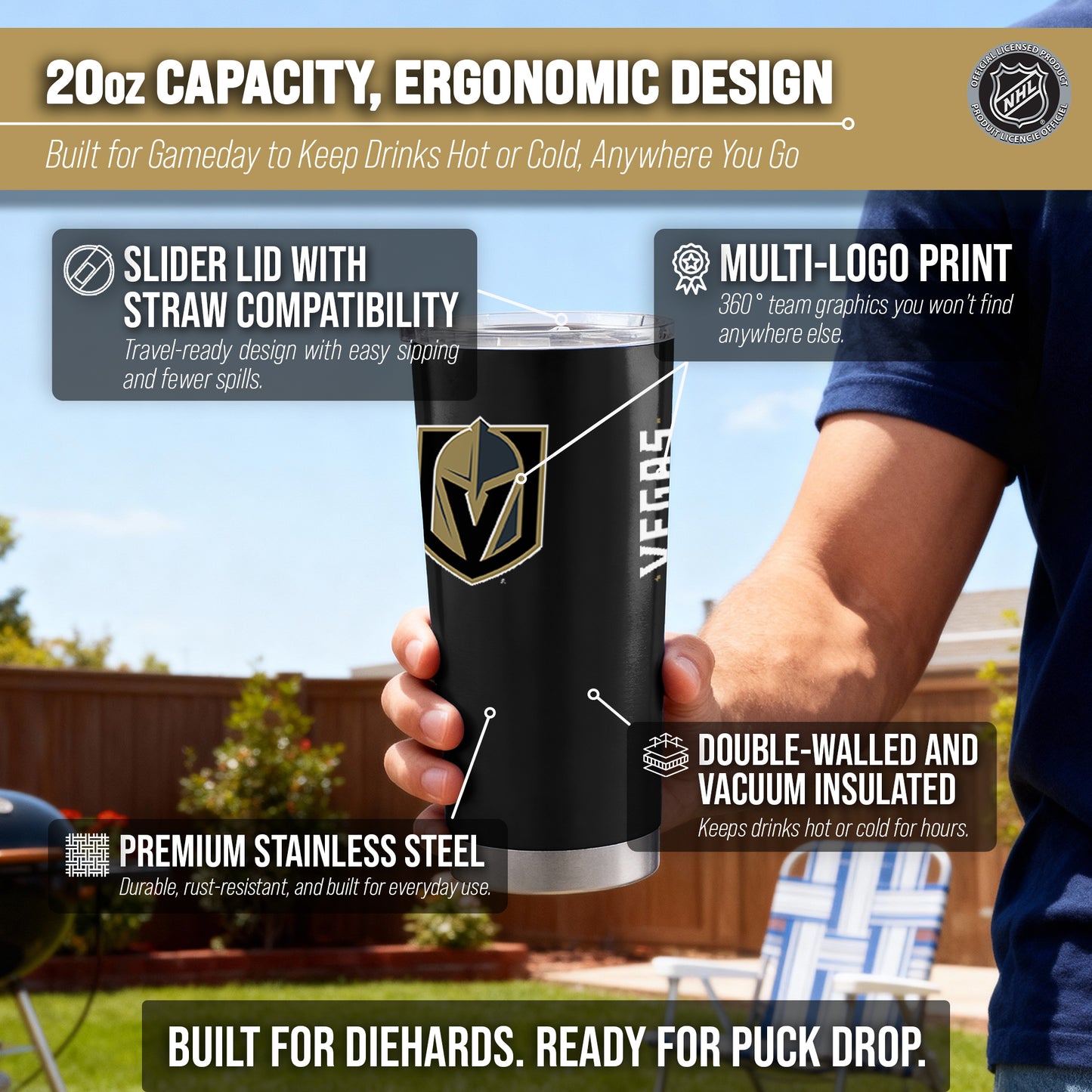 Las Vegas Golden Knights NHL Hockey 20oz Stainless Steel Vacuum Insulated Game Day Tumbler with Silicone Grip - Black